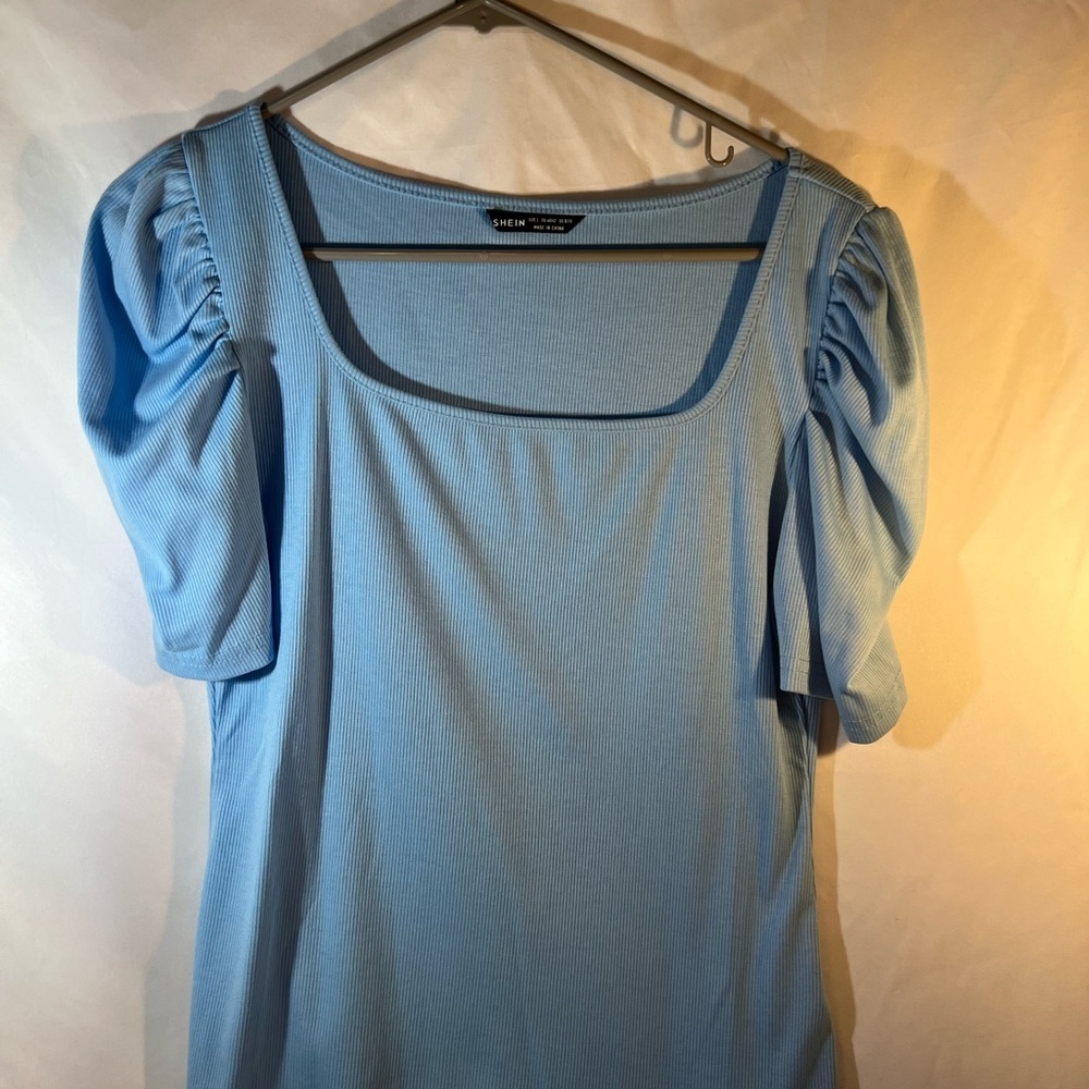 SHEIN Light Blue Square Neck Puff Sleeve Blouse